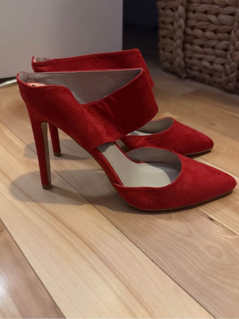 Red Suede Pointed-Toe High Heel Pumps with Ankle Strap